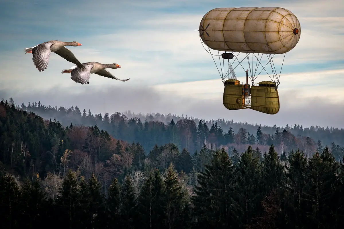 Airship above forest with two geese flying by