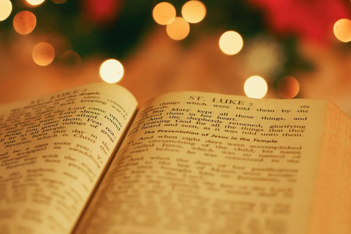 Bible open to Luke with Christmas lights in the background