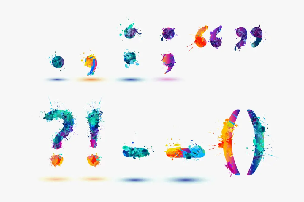 Punctuation marks in rainbow paint splash colors