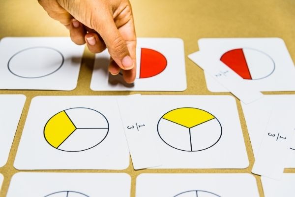 Cards with fraction problems for kids